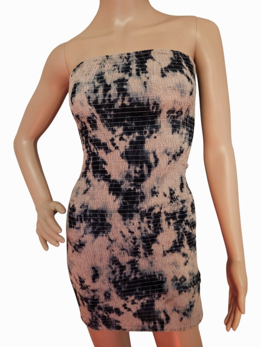 Staring at Stars Black and Cream Tie Dye Smocked Strapless Mini Dress Boho Hippy
